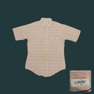 Vintage 80s Levi's White Tab Plaid Short Sleeve Shirt Slim Medium Pastel Brown
